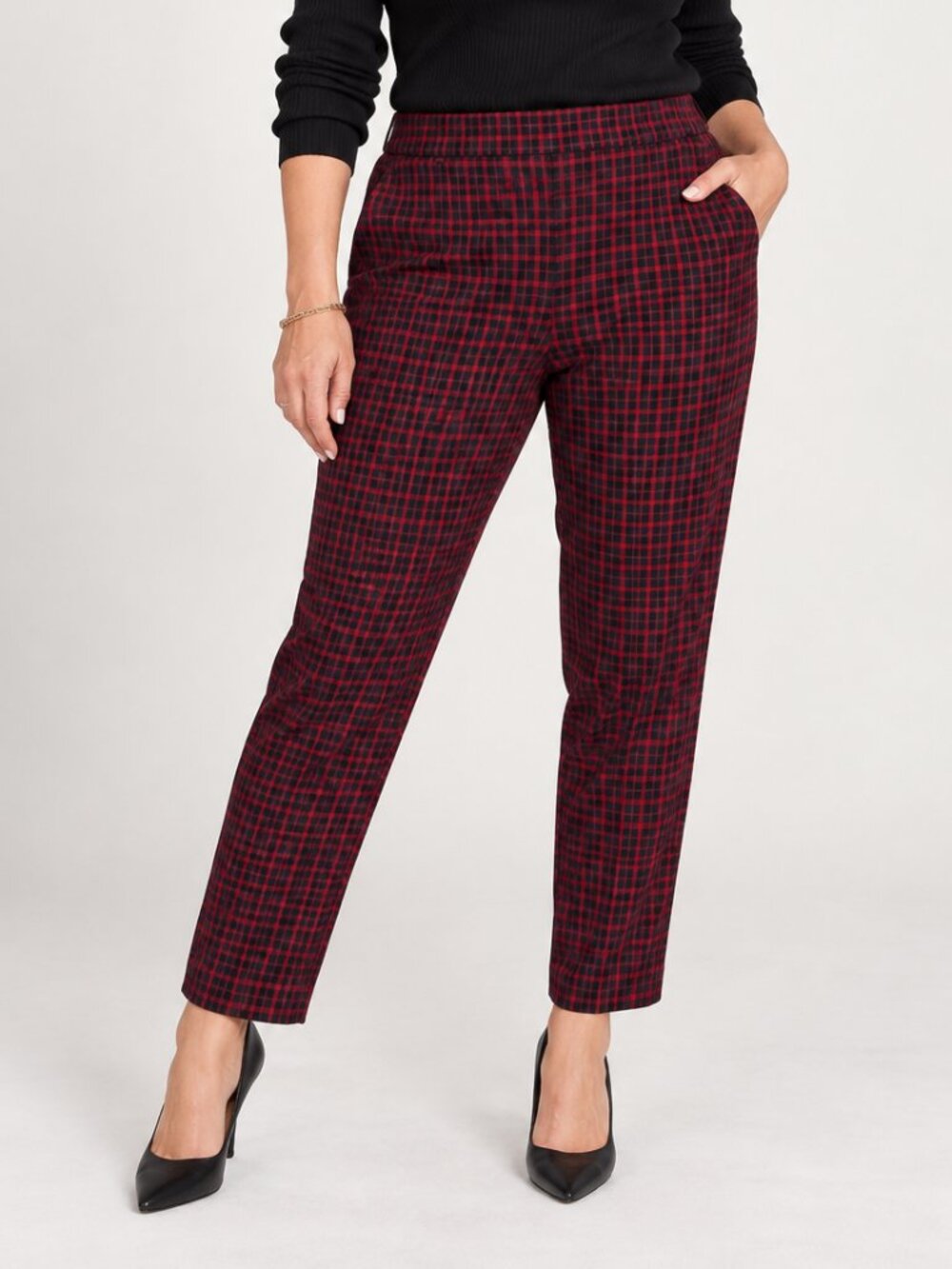 J. Jill Ponte Slim Leg Pull-On Elastic Waist Red & Black Plaid Trouser Pants 2X